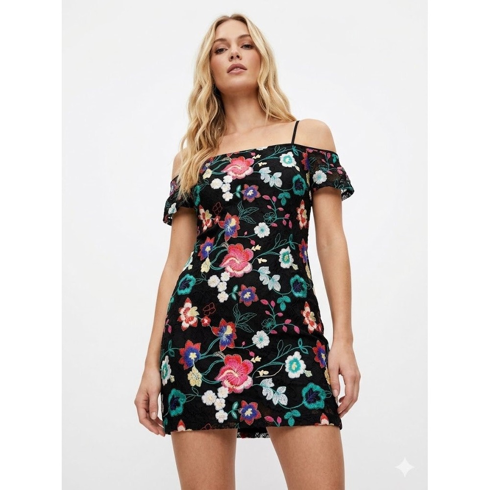 Guess Embroidered Floral Lace Mini Dress Black Multi Off Shoulder size 10